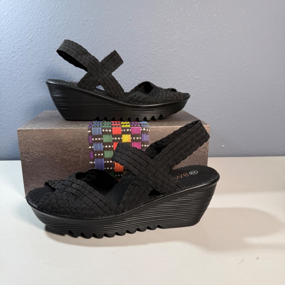 Bernie Mev Fame Sandals Womens 39 Black New Woven Elastic Platform Wedge Shoes